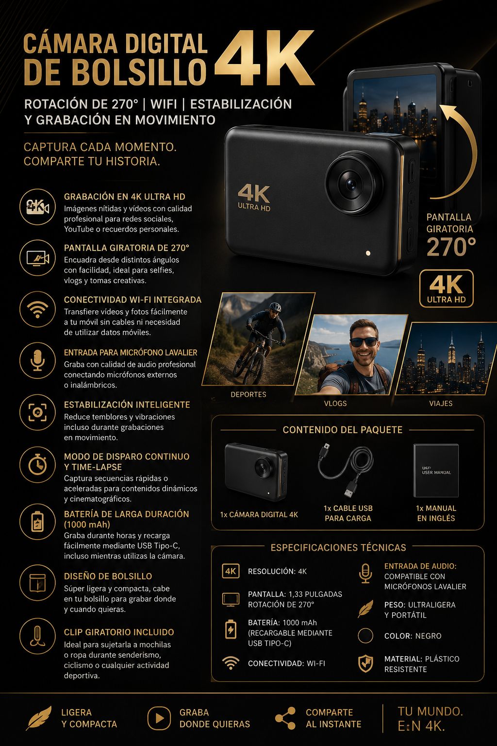 Cámara digital de bolsillo 4K - Rotación de 270°